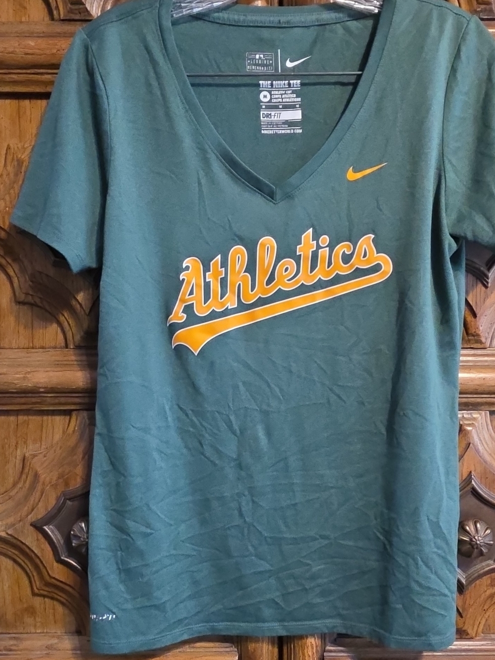 Nike Green V-Neck Tee with Gold Athletics Script